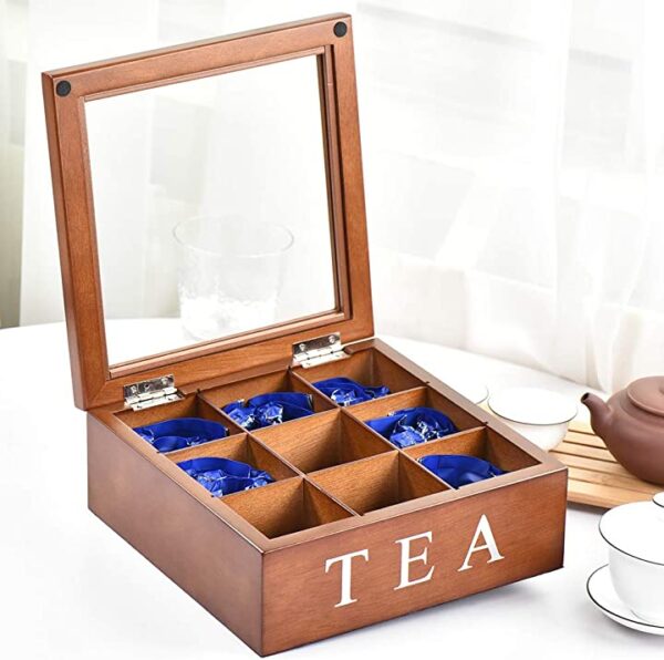 صندوق تخزين خشبي للشاي، 9 حجرات لتخزين اكياس الشاي - صندوق شاي خشبي بغطاء زجاجي مفصلي، منظم الشاي من فونتور - بني احتفظ بأكياس الشاي بشكل منظم مع صندوق تخزين خشبي للشاي بـ 9 حجرات وغطاء زجاجي مفصلي، من فونتور. اشترِه الآن باللون البني!