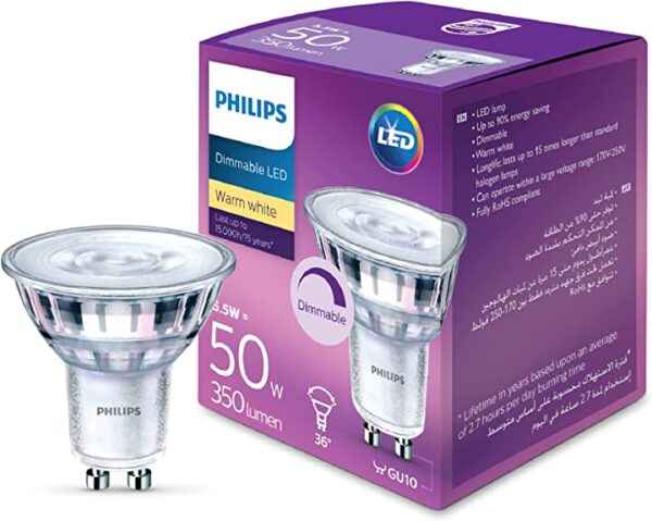 مصباح اضاءة سبوت LED بقاعدة GU10 وقدرة تكافئ 5.5-50 واط قابل للتعتيم من فيليبس، ضوء ابيض دافئ (2700 كلفن) اشترِ مصباح إضاءة LED سبوت بقاعدة GU10 وقدرة تكافئ 5.5-50 واط قابل للتعتيم من فيليبس بالضوء الأبيض الدافئ (2700 كلفن)، لتحصل على إضاءة مثالية بأسعار تنافسية.